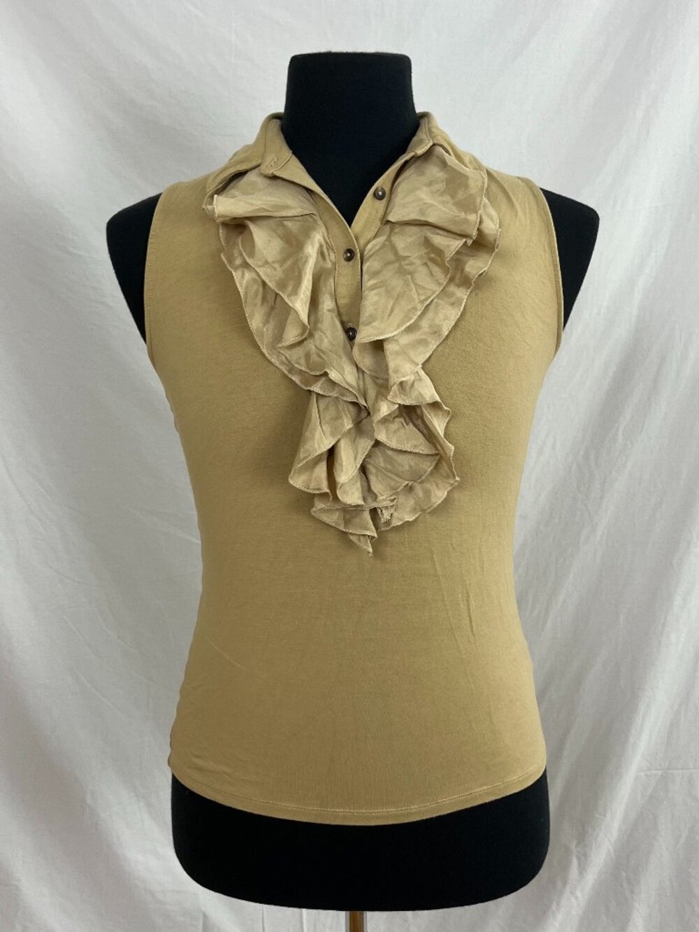 Lauren Ralph Lauren silky ruffle tan button up tank top blouse size L